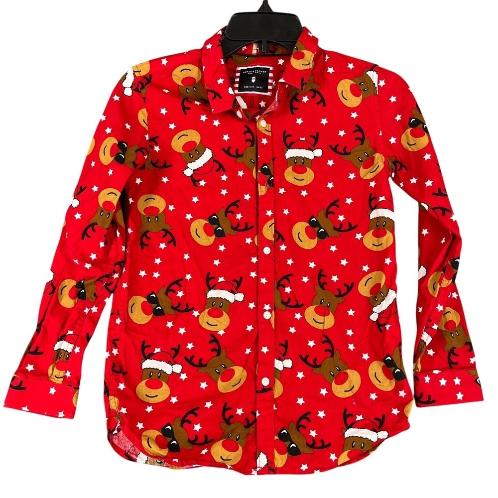 Denim‎ & Flower Shirt Boys 12 Red Ricky Singh Christmas Holiday Festive Rudolph